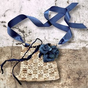 Antique Crochet Necklace Bag with Tattered Silk Roses